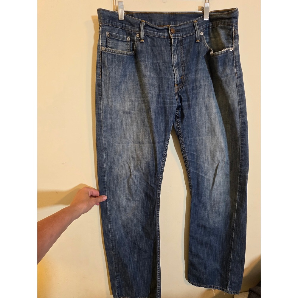 Levis 514 Straight Fit Mens Blue Denim Jeans 36x34 Medium Wash Distressed Hems